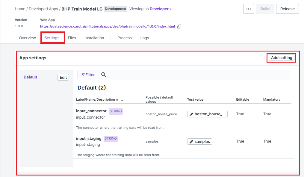 Figure 1: App settings configuration